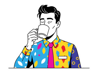 Morning Coffee Ritual: A graphic illustration depicts a man enjoying a cup of coffee, illustrating the tranquil moment and refreshment