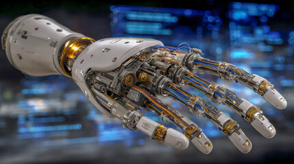 A detailed representation showcases a cybernetic hand featuring exposed tendons and servo motors, surrounded by glowing blue digital grids and flowing code, illuminating its innovative design