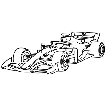 A black and white f1 car illustration line art of a coloring page