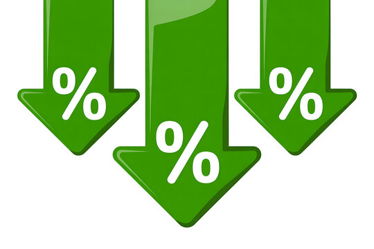 Three green arrows with percent signs pointing down, isolated on white background