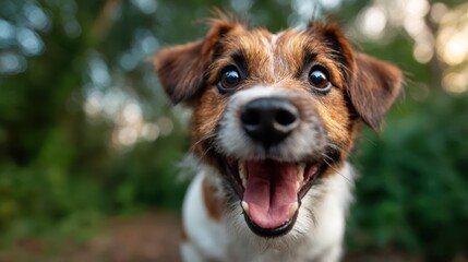 The image showcases an exuberant dog with a wide, happy smile, looking directly at the camera against a blurred background of greenery, exuding joy and playfulness in nature.