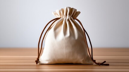 A minimalist white drawstring bag elegantly placed on a wooden surface, perfect for showcasing rustic charm and simplicity in product photography.