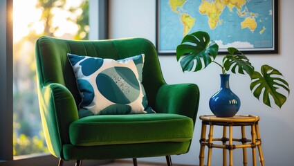 Comfortable green armchair with a patterned cushion next to a blue vase with monstera leaves and a world map on the wall.