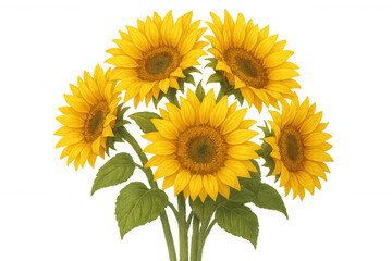 Obraz premium Five blooming sunflowers with green leaves on transparent background, creating a cheerful and vibrant image