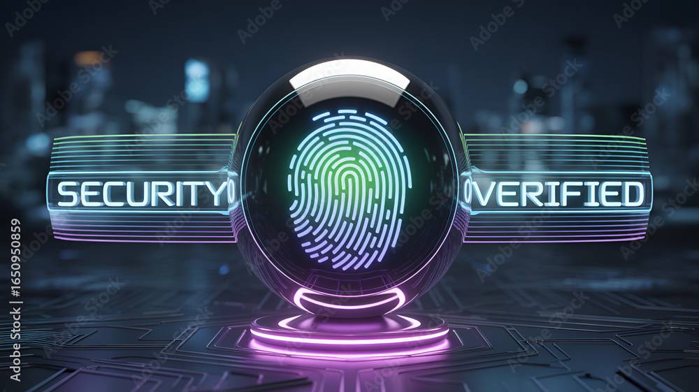 Poster a glowing fingerprint on a sphere represents security and verification system