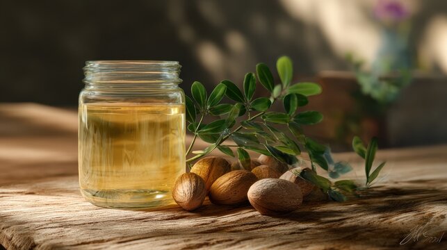 Glass jar of batana oil with American palm nuts and leaves on rustic wood, showcasing natural beauty care and organic skincare aesthetics.