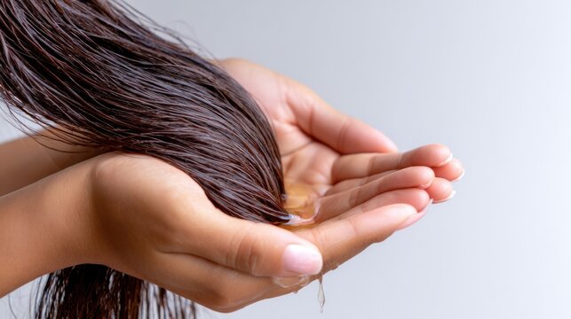 Hands applying batana oil to shiny long hair, minimal background, highlighting hydration, nourishment, and natural beauty care.