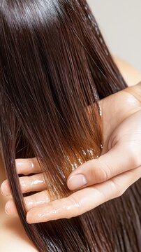 Hands applying batana oil to shiny long hair, minimal background, highlighting hydration, nourishment, and natural beauty care.
