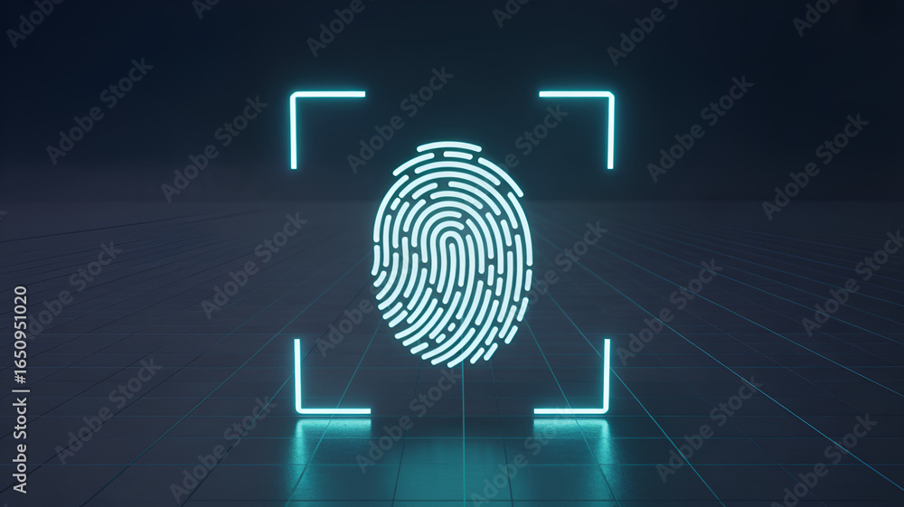 Poster a glowing fingerprint scan with square frame represents biometric security system