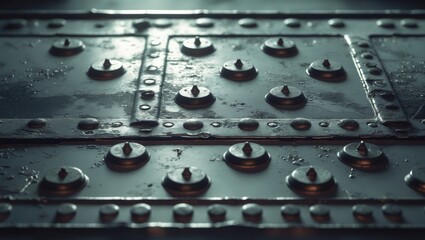 Close-up of metallic rivets and plates on a steel surface, possibly part of machinery or an aircraft. Industrial and mechanical theme. Metal assembly and fastening details.