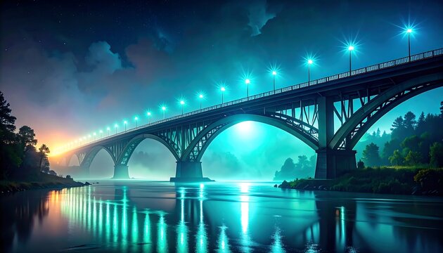 Majestic Steel Bridge Over Turquoise River at Night. - Powered by Adobe