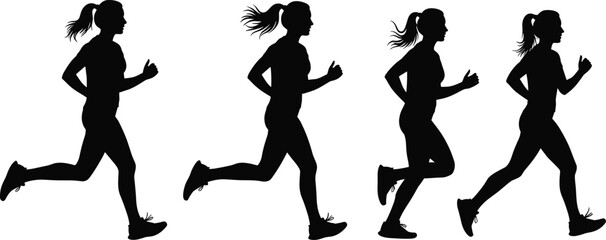 Running motion silhouettes, human biomechanics, athletic movement, dynamic pose, black white graphic, sports training, runner illustration set