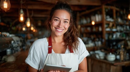 A friendly barista smiles warmly while holding a tablet in a cozy café setting, showcasing a blend of hospitality, technology, and the joy of serving customers.