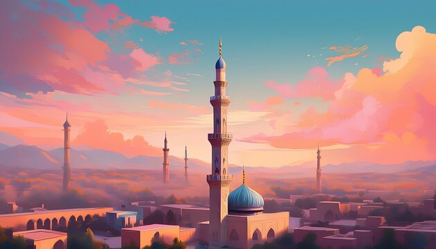 minaret at dawn soft pastel colors