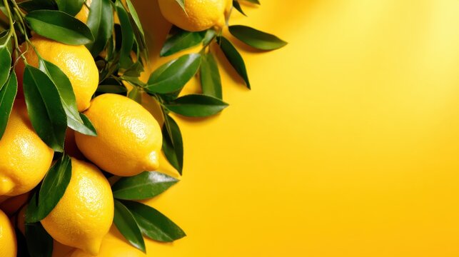 A vibrant arrangement of fresh lemons accented by lush green leaves against a solid yellow backdrop, showcasing freshness and zest in a cheerful and lively composition.