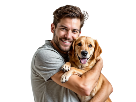 Young man hugging cute dog with smile and happiness isolated on transparent background