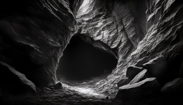 grayscale image of a rock cave opening dark background textured walls