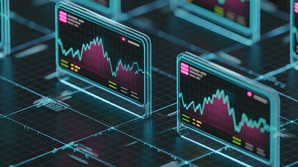 Closeup of futuristic data charts and graphs with neon grid background