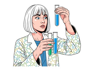 Surprised Scientist with Test Tubes: A scientist, captivated by the swirling hues, is meticulously examining test tubes containing a gradient of vibrant liquids.