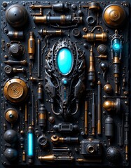 Fototapeta premium Futuristic steampunk machine panel with glowing blue core and mechanical parts