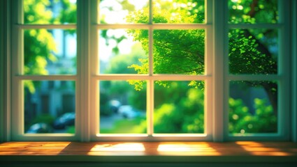Fototapeta premium A view through a window showing lush green trees and sunlight, with a blurred outdoor scene beyond.