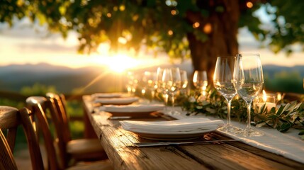 An elegantly set outdoor dining table adorned with glassware and plates, bathed in warm sunset light, creating an inviting atmosphere for gatherings and memorable meals.