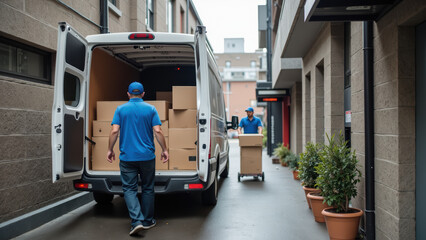 Delivery workers unloading boxes from van in urban setting, showcasing teamwork and efficiency in logistics