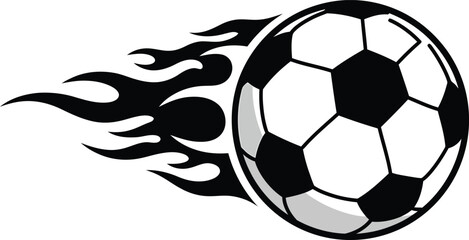 Black and white soccer ball with flames trailing behind it on a white background illustration