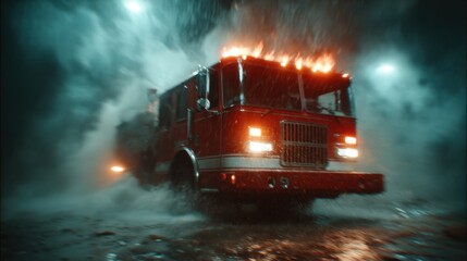 A heroic fire truck racing through rain and flames, showcasing bravery and urgency in emergency response amidst challenging conditions and environmental chaos.