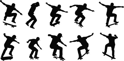 Skateboarder silhouettes, trick poses, dynamic movement, black white graphic, skateboarding maneuvers, action sport, rider illustration, agility expression