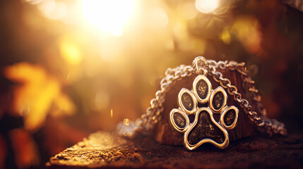 A vibrant paw print pendant on a rustic table, honoring World Animal Day with warmth and nature.