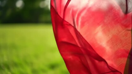 Red fabric billows gently in a summer breeze, vibrant against a verdant field. - Powered by Adobe