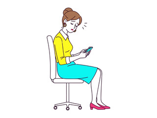 Digital Weariness: A woman, in a modern office setting, is shown using a phone, depicting modern stress and overwhelm, with a feeling of sadness and tiredness.