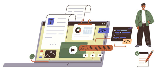 Laptop screen displaying multimedia files, coding interface, and web development tools. Man stands beside checklist. Ideal for web design, coding, teamwork, productivity, content creation workflows