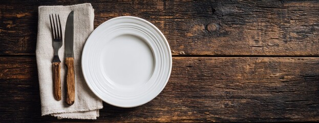 Rustic table setting with a plain white plate, knife, and fork on a wooden surface