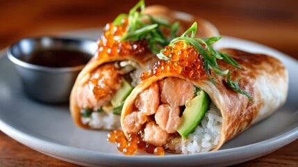 A mouthwatering sushi roll made with fresh ingredients, elegantly plated with a savory sauce, showcasing the culinary craftsmanship and inviting flavors of Japanese cuisine.