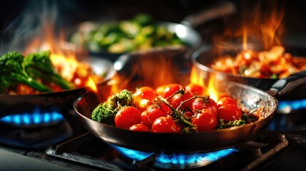 A vibrant culinary scene showcasing freshly stir-fried vegetables engulfed in flames, illustrating an exciting and dynamic cooking environment filled with flavor.