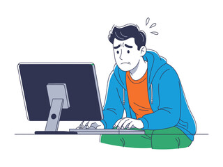 Digital Dilemma: A person is in front of the computer, conveying an array of emotions related to the tasks or problems at hand. 