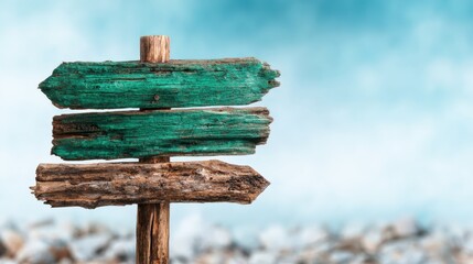 Naklejka premium A weathered wooden signpost with three arrows stands against a blurred natural backdrop, evoking a sense of adventure and exploration in the great outdoors.