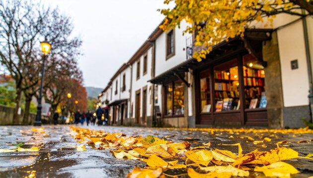 An atmospheric autumn street scene with blurred view of a bookstore, wet pavement, and fallen yellow leaves. Perfect for seasonal and cozy lifestyle advertising