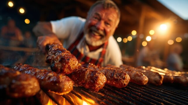 An enthusiastic chef grilling juicy sausages over an open flame at a lively outdoor barbecue, evoking a sense of community and celebration in a summer gathering.