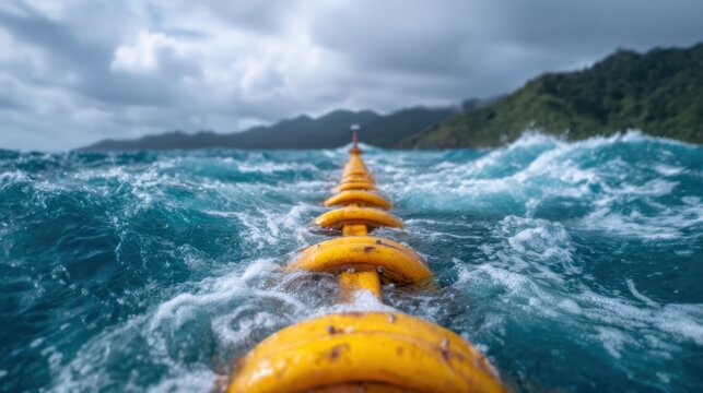 A dramatic view of powerful ocean waves crashing against bright yellow buoys, capturing the raw beauty and force of nature along a rugged coastal landscape under cloudy skies.
