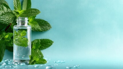 A clear bottle filled with refreshing mint-infused water, surrounded by fresh mint leaves, ideal for quenching thirst on a hot summer day with a clean aesthetic.