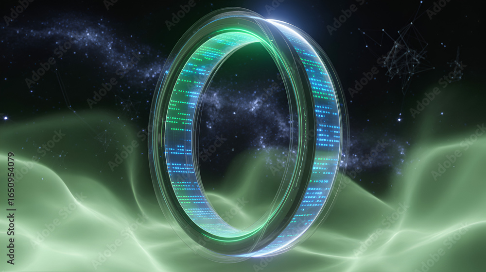 Poster a glowing ring with digital patterns floating in a nebula of green energy