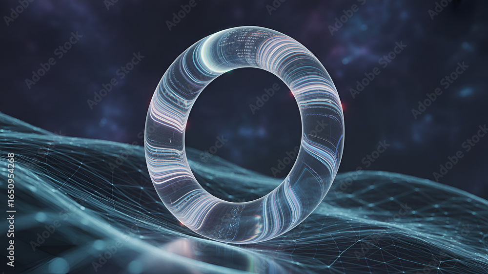 Poster Abstract torus shape with digital wave pattern on a dark space background