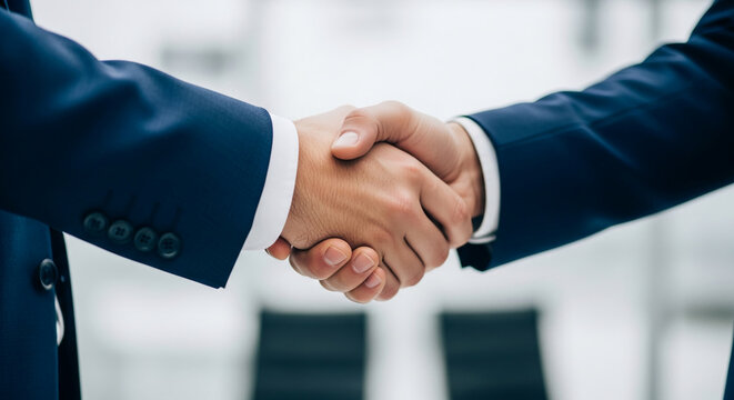 Close-up of two hands shaking in business suits, symbolizing agreement, partnership, and collaboration in a professional setting