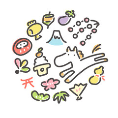 白馬と正月の手描きのかわいい和風年賀状イラスト　2026・正方形・SNS・LINE・instagram 用