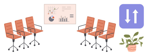 Office chairs aligned for meeting, presentation board with data charts, purple growth icon, and potted plant. Ideal for teamwork, business planning, collaboration, leadership, decision-making