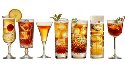 Empty cocktail glass PNG set bundle, transparent isolated background. Mixology, bar inventory glassware, various drink glasses collection. Highball, rocks , martini, champagne, old fashioned, tumbler