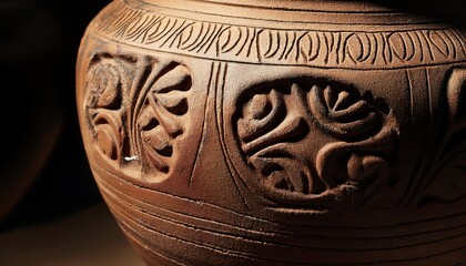 ancient cracked clay vase with intricate design